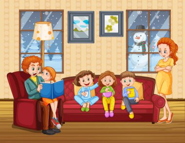 Evde güzel vakit geçiren bir aile sahnesi.