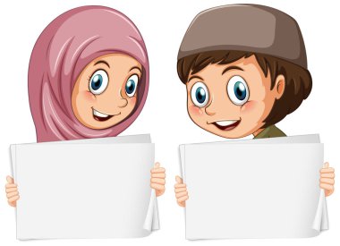 Beyaz arkaplan resimlerinde Müslüman çocukların yer aldığı boş işaret şablonu