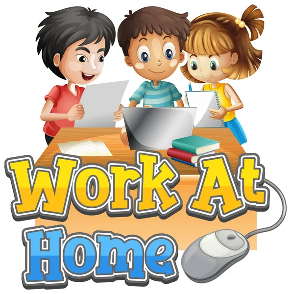 Font Design Work Home Three Kids Doing Homework Illustration — Stock Vector