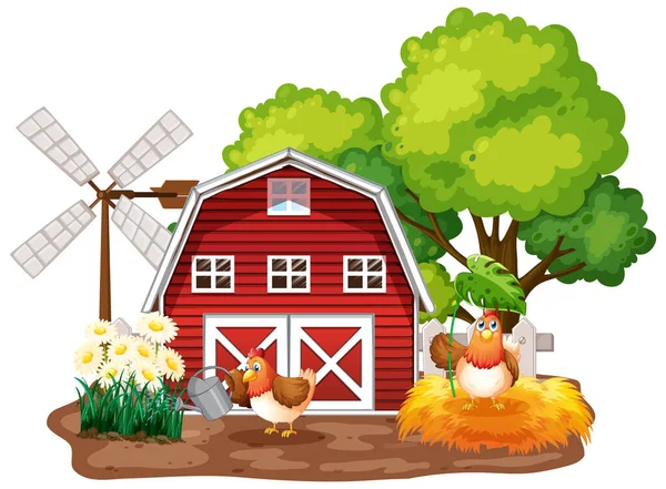 带有农场动物和红色谷仓插图的农场主题背景 — 图库矢量图片