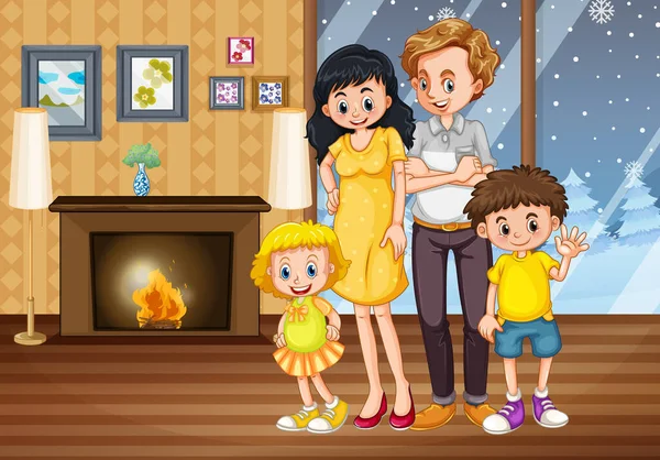 在房子里快乐的家庭在冬天的插图 — 图库矢量图片