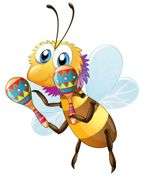 Cute Bee Cartoon Character Holding Maracas White Background Illustration — Stock Vector