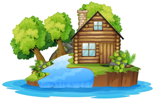 Wooden Cabin Next River Illustration — Stock Vector