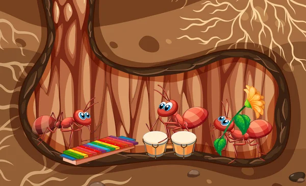 Underground Scene Ants Playing Music Hole Illustration — Stock Vector
