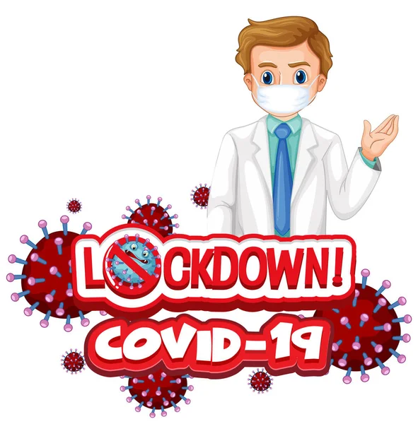 Male Doctor Wearing Mask Lockdown Covid Text Symbol Illustration — Stock Vector