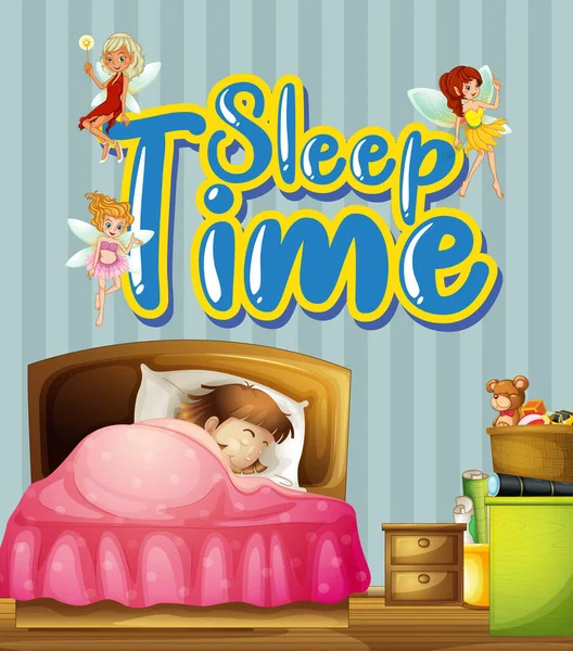 Poster Design Avec Petite Fille Dormant Lit Mot Temps Sommeil — Image vectorielle