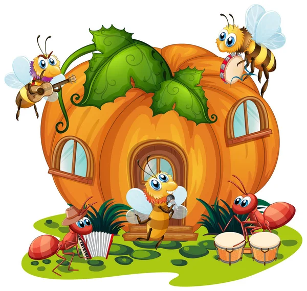 Insect Playing Music Front Pumpkin House Illustration — Stock Vector