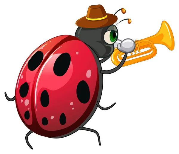 Ladybug Playing Trumpet Cartoon Illustration — Stock Vector