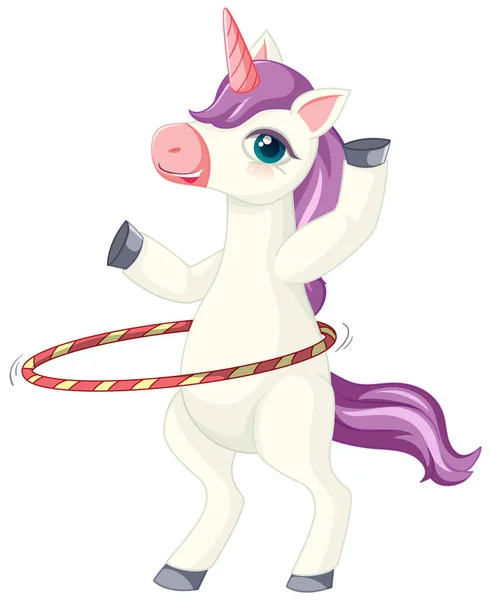 Carino Unicorno Viola Giocare Hula Hoop Posizione Sfondo Bianco Illustrazione — Vettoriale Stock