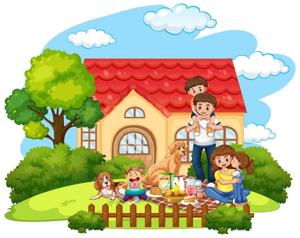 Picnic Famiglia Davanti Cortile Illustrazione — Vettoriale Stock