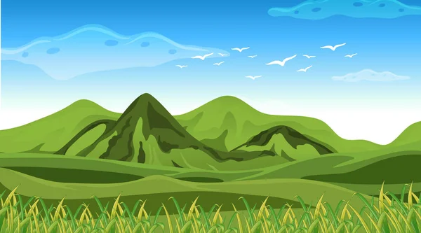 Adegan Dengan Gunung Hijau Dan Ilustrasi Langit Biru - Stok Vektor