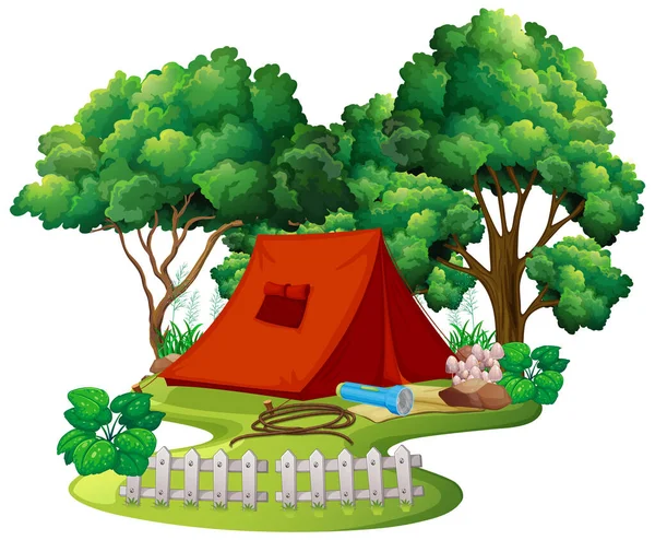 Tenda Camping Estilo Cartoon Floresta Fundo Branco Ilustração — Vetor de Stock