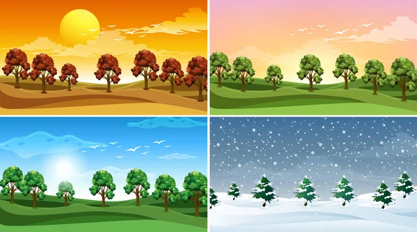 Quatre Scènes Fond Avec Des Arbres Dans Les Champs Illustration — Image vectorielle