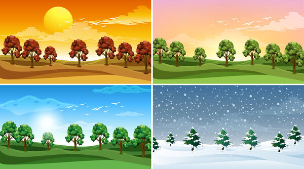 Four background scenes with trees in the fields illustration