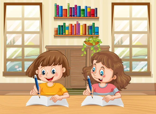リビングルームのイラストで宿題をする2人の子供漫画のキャラクター — ストックベクタ