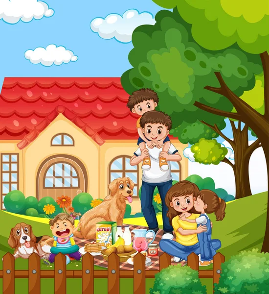 Membro Della Famiglia Personaggio Dei Cartoni Animati Nel Giardino Illustrazione — Vettoriale Stock