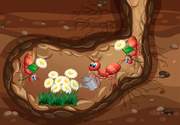 Unterirdische Szene Mit Ameisen Beim Pflanzen Von Blumen Illustration — Stockvektor
