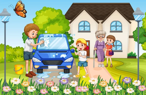 Family Cleaning Car Front House Illustration — Stock Vector