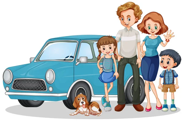 Ευτυχισμένη Οικογένεια Μπροστά Από Αυτοκίνητο Εικονογράφηση — Διανυσματικό Αρχείο