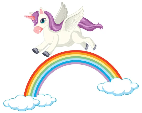 Lindo Unicornio Púrpura Vuelo Posición Arco Iris Sobre Fondo Blanco — Archivo Imágenes Vectoriales