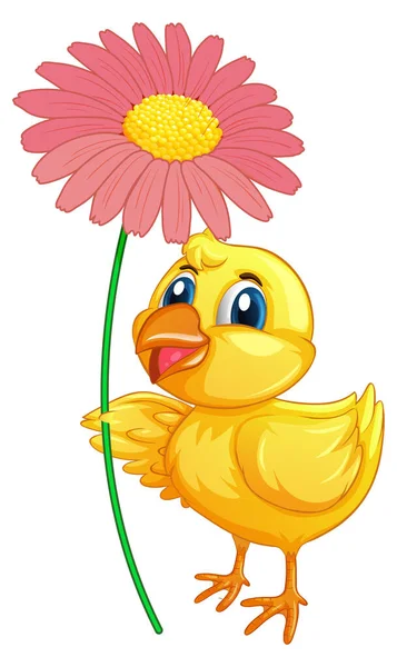 Little Duckling Holding Flower White Background Illustration — Stock Vector