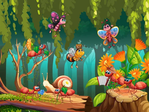 妖精の自然のイラストで昆虫のグループ — ストックベクタ