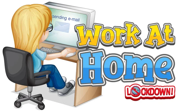 Font Design Work Home Woman Working Computer Illustration — Stock Vector