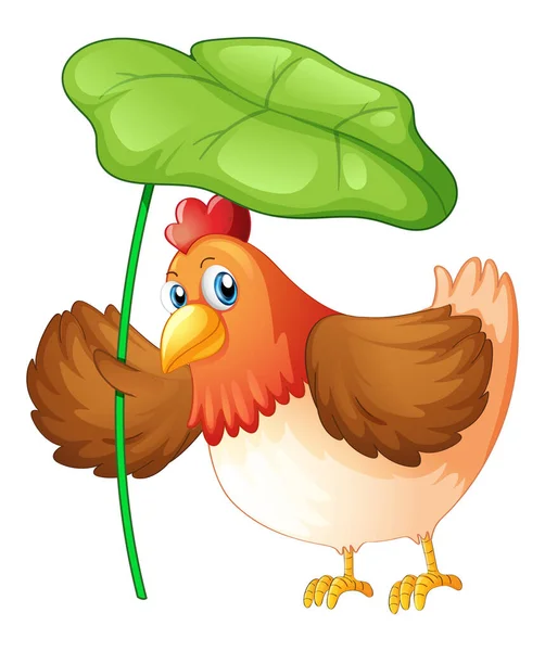 Chicken Holding Green Leaf White Background Illustration — Stock Vector