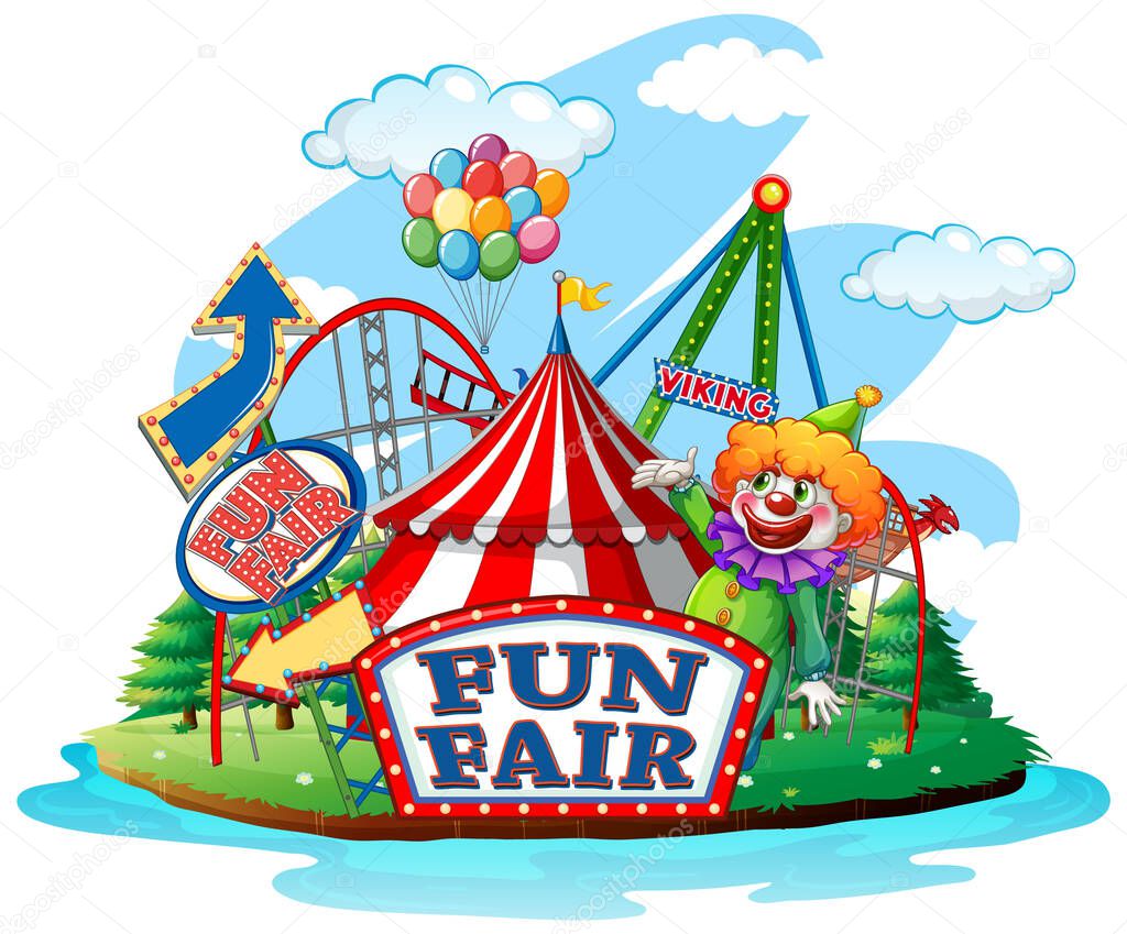 Scene with clown in the fun fair on white background illustration