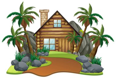 Beyaz arkaplan illüstrasyonunda parktaki ahşap kulübeli sahne