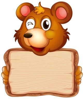 Beyaz arkaplan illüstrasyonunda şirin ayılı tahta şablonu