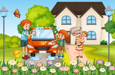 Evde güzel vakit geçiren bir aile sahnesi.