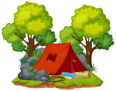 Ormanda beyaz arkaplanda çadır kurmak.