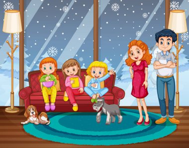 Kışın evde mutlu bir aile çizimi.