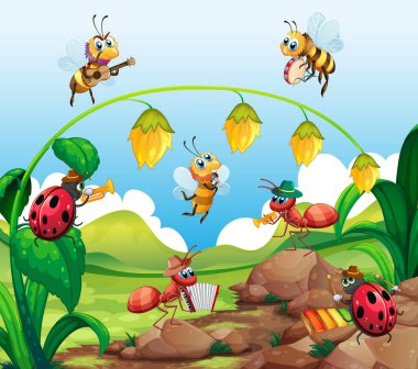 Böcek müzisyeni doğa illüstrasyonunda oynuyor.