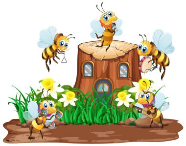 Bahçe illüstrasyonunda bitkilerin ve böceklerin olduğu sahne