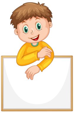 Beyaz arkaplan illüstrasyonunda yakışıklı bir çocukla boş işaret şablonu