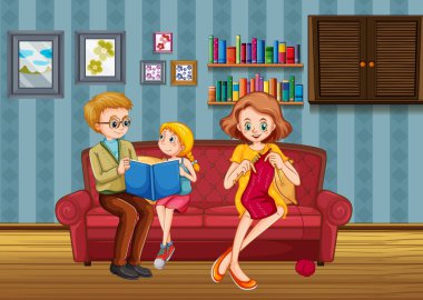 Ev illüstrasyonunda mutlu aile karantinası