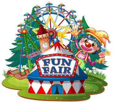 Beyaz arkaplan illüstrasyonunda mutlu palyaço sahnesi