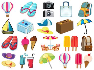 Beyaz arkaplan illüstrasyonunda geniş bir yaz nesnesi kümesi