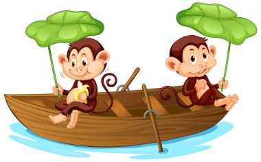 Two monkeys rowing boat in the river illustration clipart