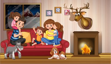 Ev illüstrasyonunda mutlu aile karantinası