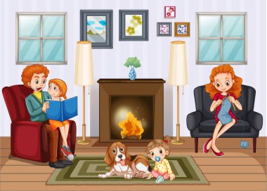 Evde güzel vakit geçiren bir aile sahnesi.
