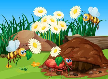 Bahçe illüstrasyonunda bitkilerin ve böceklerin olduğu sahne