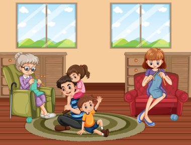 Evde güzel vakit geçiren bir aile sahnesi.