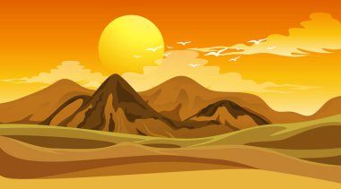 Gün batımı illüstrasyonunda büyük tarlalı sahne