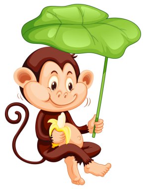 Beyaz arkaplanda yeşil yapraklı şirin maymun