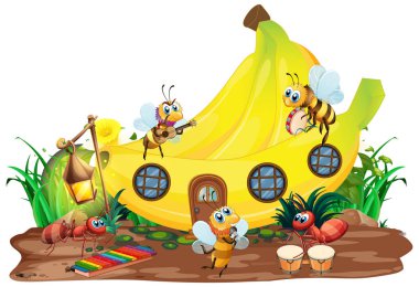 Muz evi illüstrasyonunun önünde çalan böcek müzik grubu