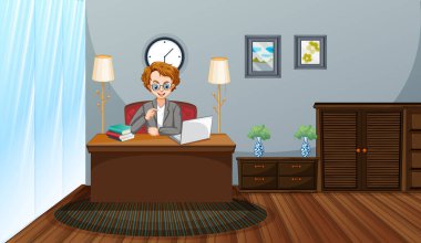 Bilgisayar illüstrasyonunda çalışan adamla ev temasından çalış