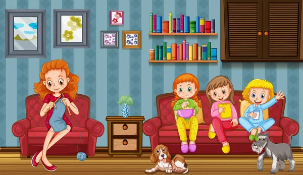 Escena Con Personas Familia Relajándose Casa Ilustración — Archivo Imágenes Vectoriales